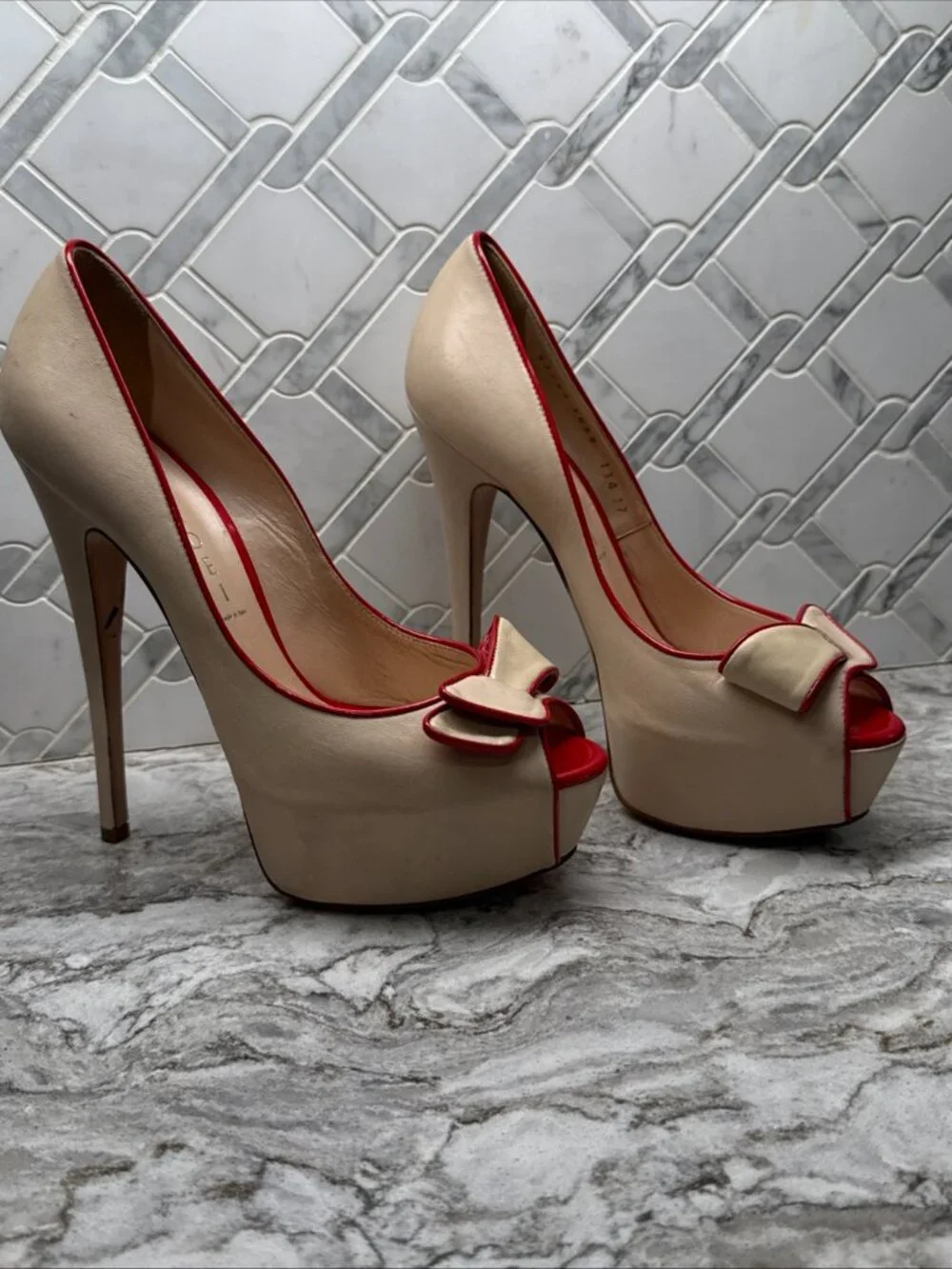 Casadei Ivory Red Trim Peep Toe Platform Heels Bow Pumps - Picture 5 of 13